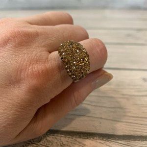 Vintage Dome Ring Pave Amber Rhinestones  Size 8 3/4 Silver Tone Band Read